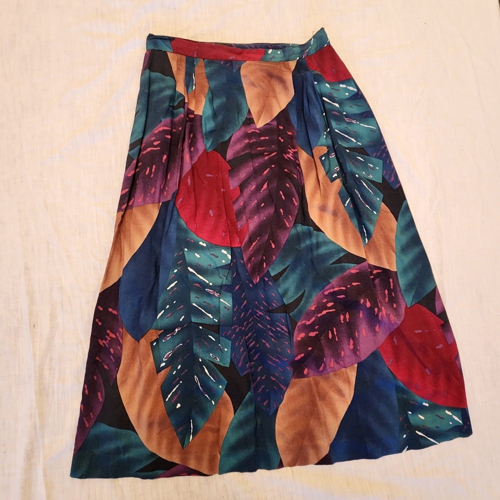 Jaclyn Smith Vtg 90s Tropical Leaf Print Rayon Midi Skirt Size 8 Colorful Boho